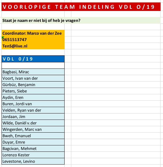 VOORLOPIGE TEAM INDELING VDL JONGENS ONDER 19 JAAR