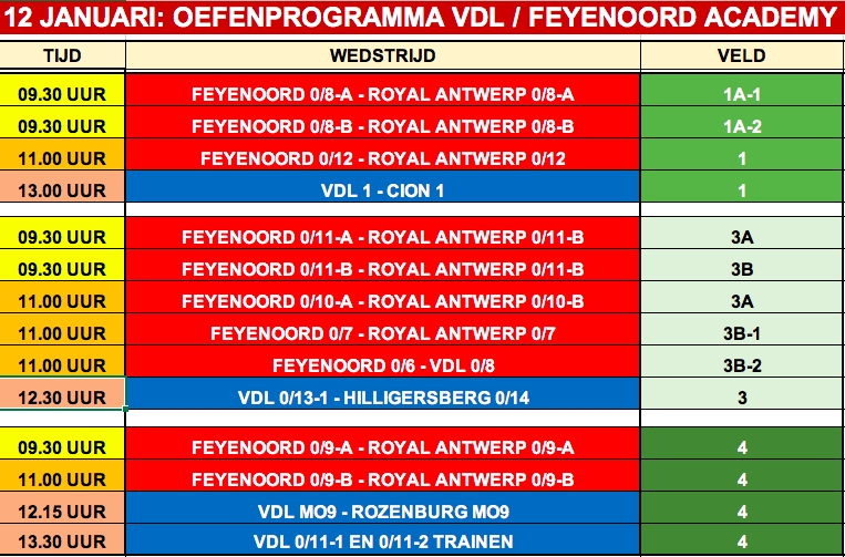 TOP JEUGD TEAMS FEYENOORD TEGEN ROYAL ANTWERP EN VDL 1 IN DERBY TEGEN CION 1 OP DEZE ZATERDAG 12 JANUARI BIJ VDL